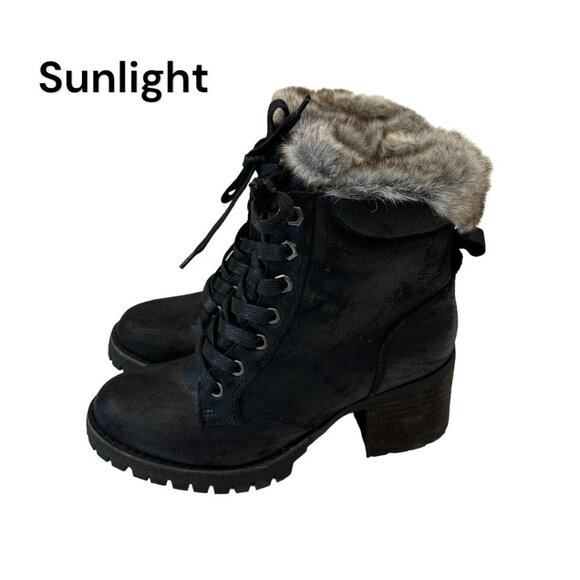 STEVE MADDEN Comfort Women SZ 7 Faux Fur Lined Ankle Booties Black Block Heeled - Picture 1 of 15